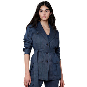 Banana Republic Heritage Expedition Blazer Women 8 Blue Linen Belted Jacket